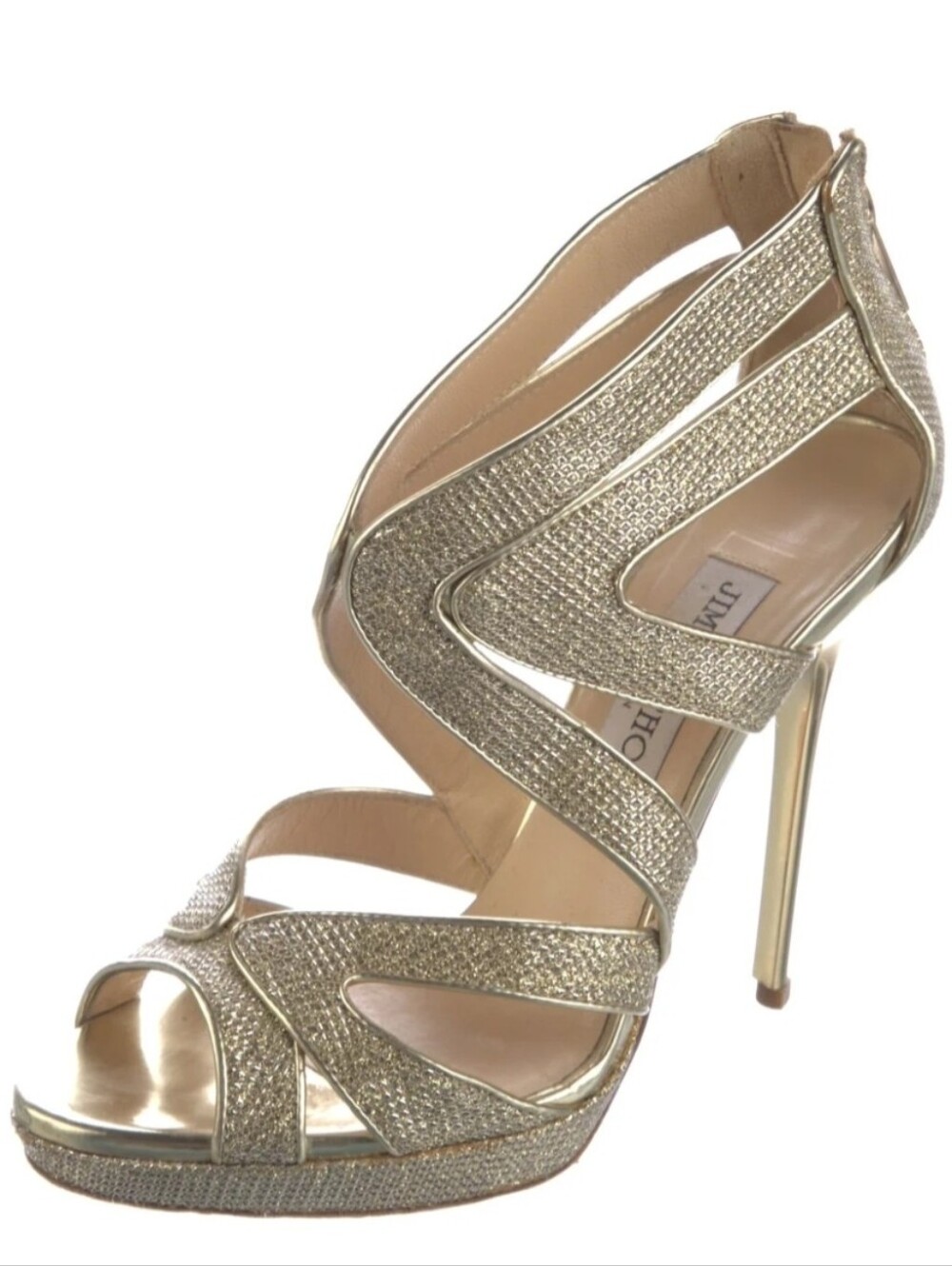 Jimmy Choo Metallic Gold Glitter Cutout Stiletto Sandal Size 38 New